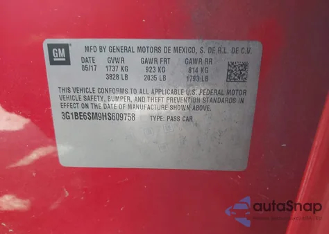 2017 Chevrolet Cruze Lt Auto from USA, damaged, VIN 3G1BE6SM9HS609758